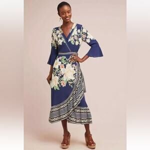 ANTHROPOLOGIE FARM RIO DE JANEIRO MIDNIGHT FLOWER WRAP DRESS SMALL